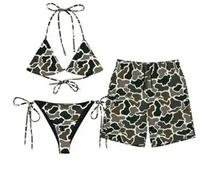 Matching Duck Camo Couples Swimwear Set – Men’s Swim Shorts & Women’s Triangle Bikini Beach Outfit