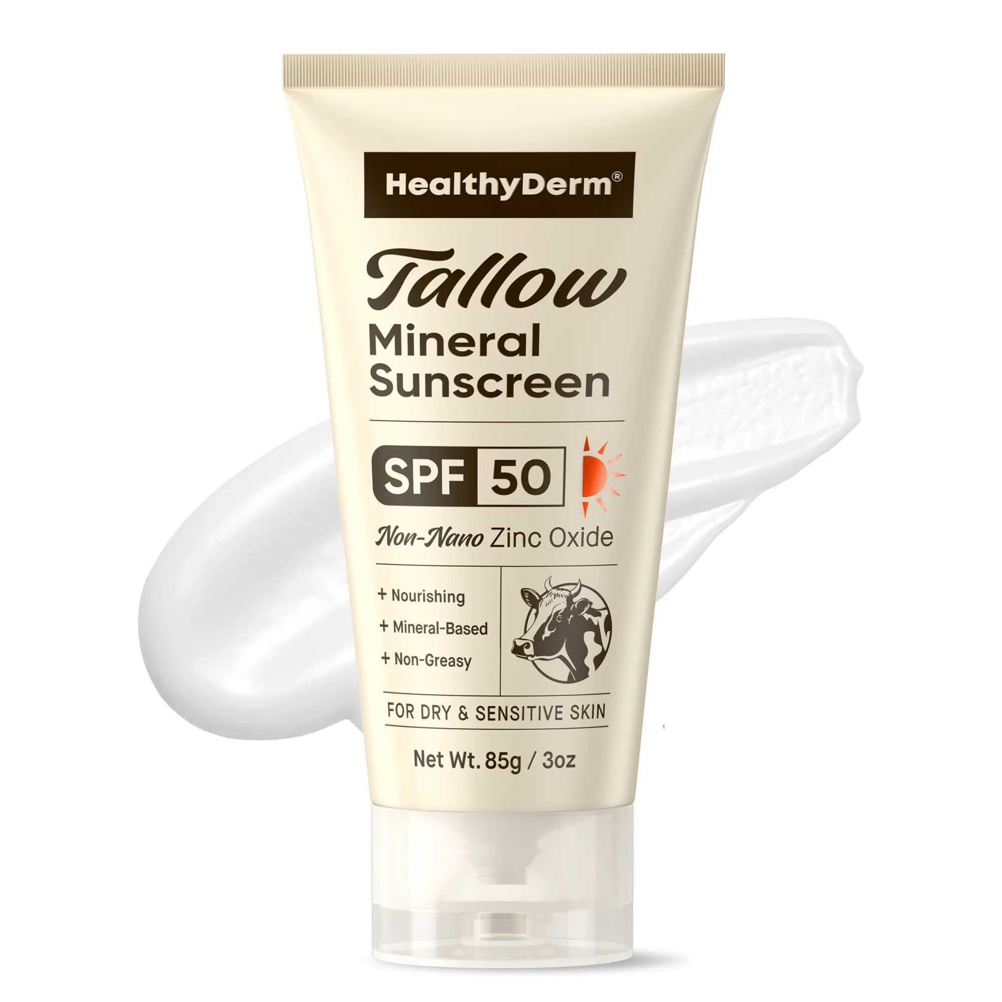 Beef Tallow Sunscreen SPF 50: Zinc Oxide Mineral Sun Cream for Face & Body with Natural Tallow & Botanicals - Jojoba & Centella - Water Resistant - No Oxybenzone, Octinoxate or Added Fragrance - 85 g