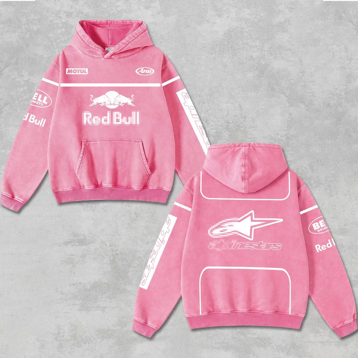 Retro The Pink Red Racing Hoodie Washed Pink, Motor World Championship Enthusiast, Motorcycle Off-Road Dirt Bike Graphic Streetwear, Heavyweight Biker Sweatshirt, Retro Moto Gear Motorbike Apparel Men’s Grunge Y2K Racing Jacket Style