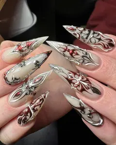 Metallic Gothic Armor Nails, Dark Gothic Press On Nails with Red and Chrome 3D Design, Edgy Faux Nails