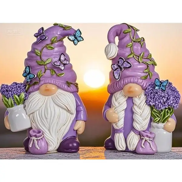 Lavender-Scented Purple Fragrance Gnome Figurines - Handcrafted Resin Dwarf Elf Statues with Nature Hat, Bouquet, Leaf, Butterfly, Spring-Summer Indoor Home Decor, Housewarming Gift, Fairy