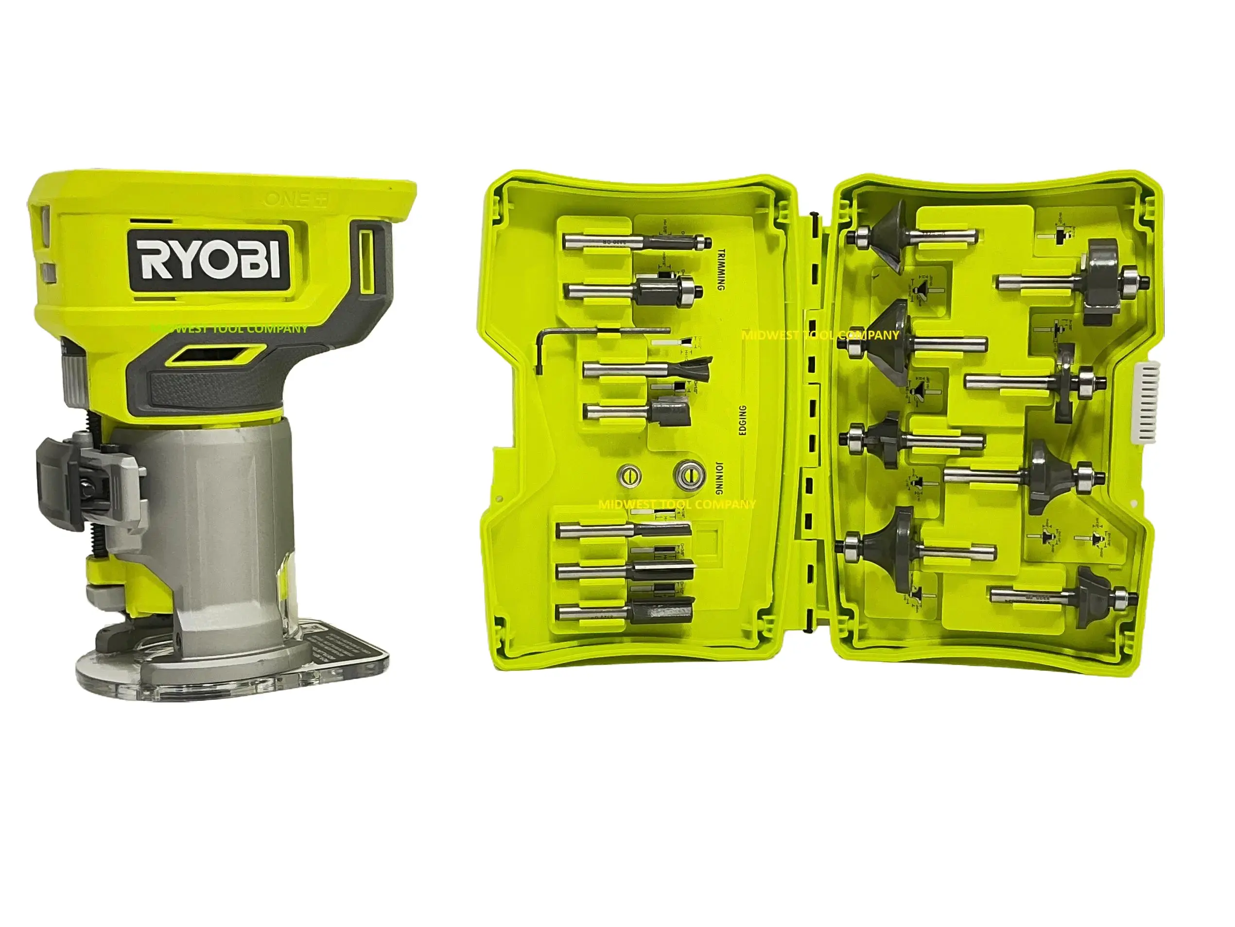 Ryobi 18 Volt PCL424B Cordless Compact Fixed Base Router (Tool Only) with A25R151 Router Bit Set (15-Piece)