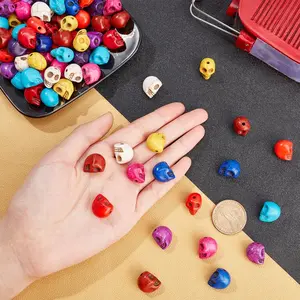 120 Pcs Synthetic Turquoise Beads String Dyed Skull Loose Spacer Beads Halloween Style Mixed Color 15x11x14mm, Hole: 1mm, 12pcs/color, For DIY Jewelry Making