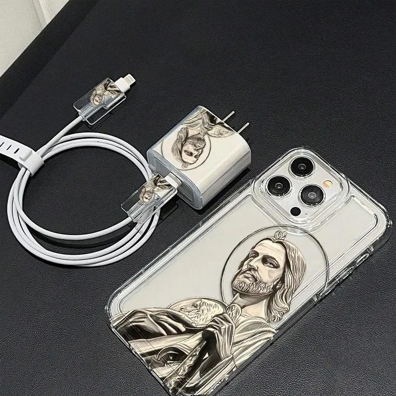 Jesus Christ Pattern Phone Case with Charger Saver & Cable Protector & Storage Rope, Anti-drop Phone Case for iPhone, Shockproof