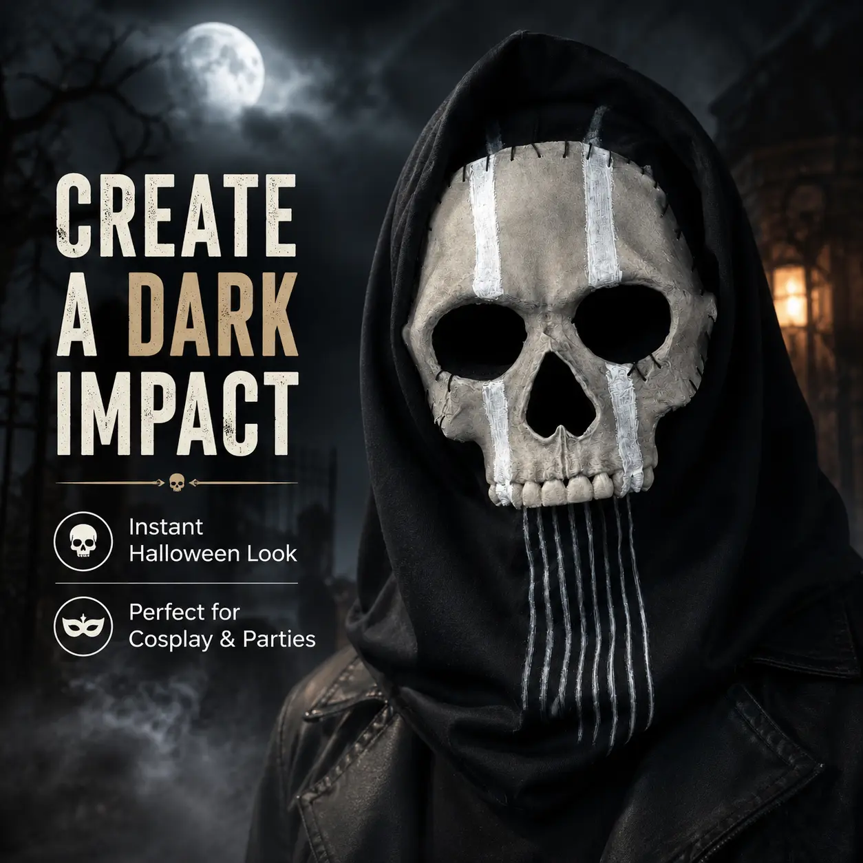 AQzxdc Ghost Skull Hood Mask V2, Lightweight Full Face Costume Accessory for Halloween Cosplay, Outdoor Parties & Photo Props