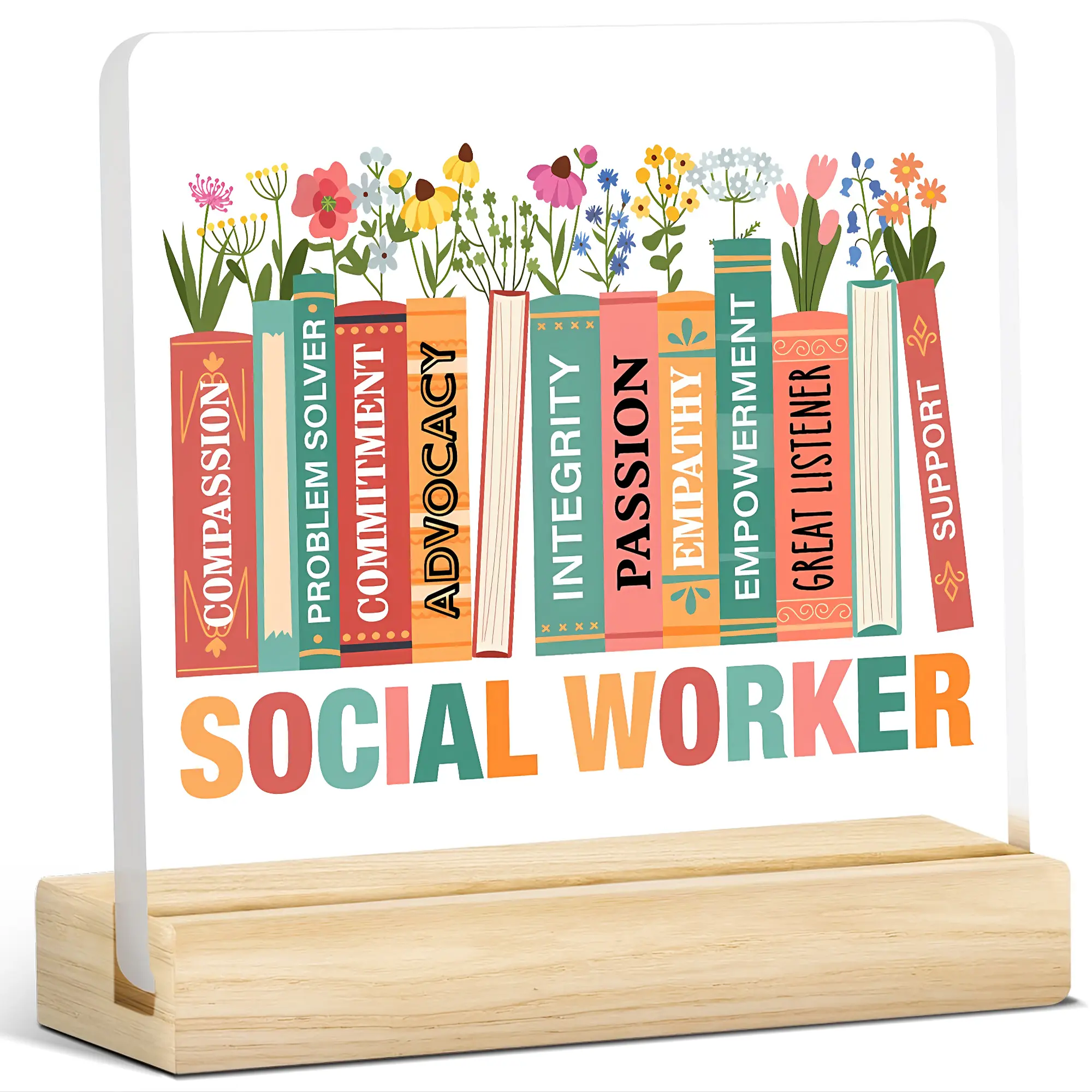 1pc Social Worker Acrylic Plaque Floral Book Spine Design - Empowerment Desk Decor for Counselors, Therapists, Motivational Quote Ornament, Social Work Office Gift, Home Decor Products, Christmas Home Decoration Wooden Decor