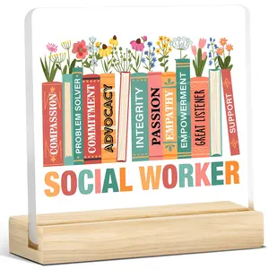 1pc Social Worker Acrylic Plaque Floral Book Spine Design – Empowerment Desk Decor for Counselors, Therapists, Caseworkers, Motivational Quote Ornament Social Work Office Gift Christmas Birthday Graduation Home Decoration Wooden Decor