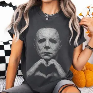 Michael Myers Heart Vintage Graphic Tee Horror Movie Slashers Design Retro Printed T Shirt Hoodie Sweatshirt Autumn Winter Casual Spooky Season Halloween Holiday Gift Unisex Streetwear Top