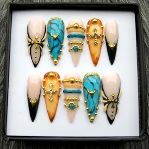 Boho Turquoise Press on Nails 3D Western Style Ross Bull Head Crystal