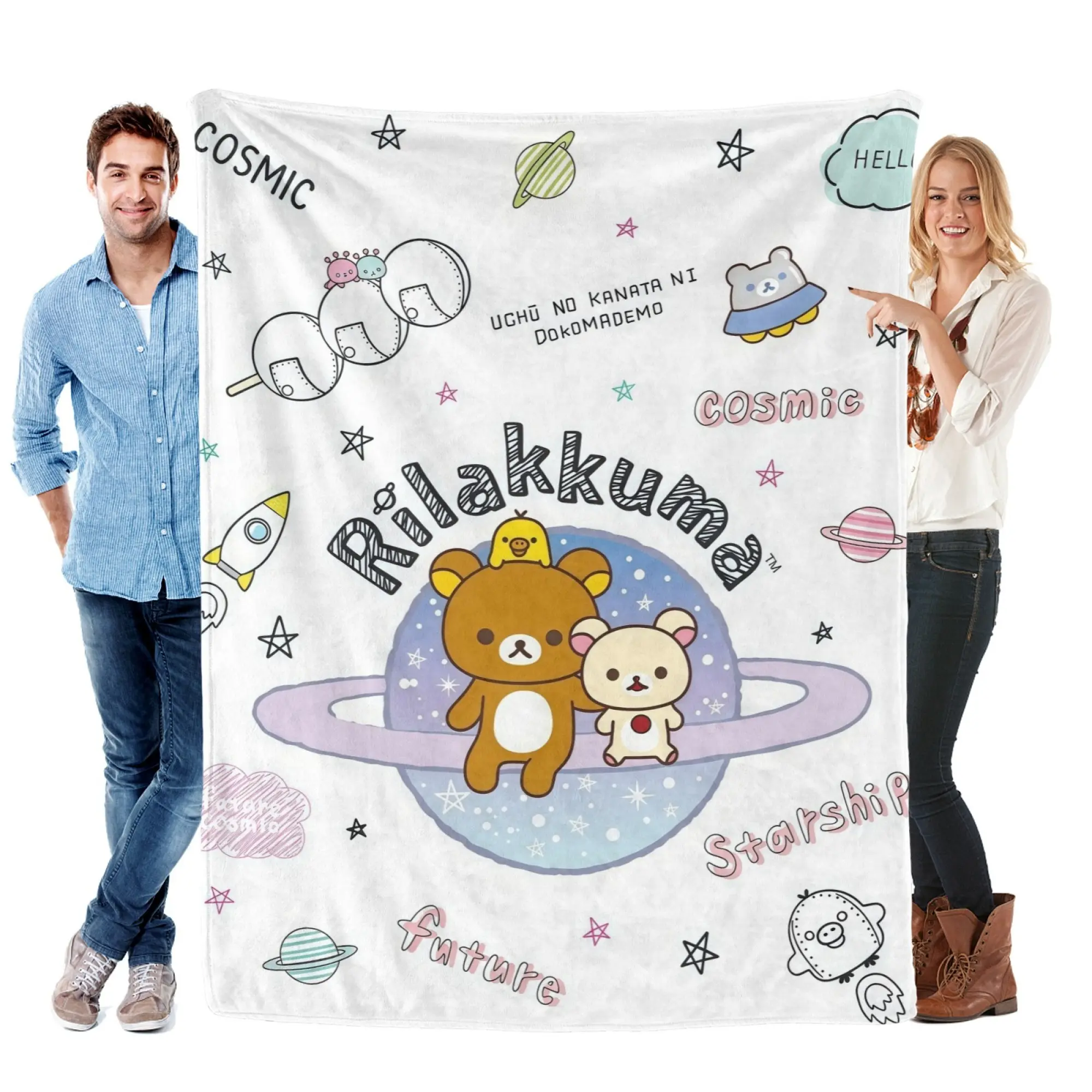 Multi-Size Optional Japanese Rilakkuma Cartoon Flannel Blanket Pastel Space Planet Star Doodle Graphic Ultra Soft Warm Portable Blanket For Indoor Daily Use, Teen Girls Dorm Decoration And Kawaii Lovers Birthday Gift Giving