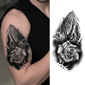 1pc Temporary Tattoo Sticker For Body Art Praying With Crossed Hands And Flower Patterns Body Art Fake Tattoo Suitable For Both Men And Women Can Be Applied To The Arms Waist Abdomen And Legs To Quickly Achieve Body Art Body Fake Tattoos