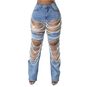 WomenFashionPearlBeadingRippedHollowOutTasselWideLegJeans2024NewSummerStreetDenimPants