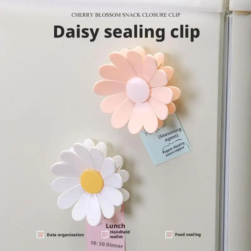 Aesthetic Cherry Blossom Fridge Magnetic Chip Clips| 6 Bag Clips + 1 Magnetic Base| Cute Food Sealing Clips for Snack Bread Pet Food Storage| Fridge Organizer Kitchen Decor Gift
