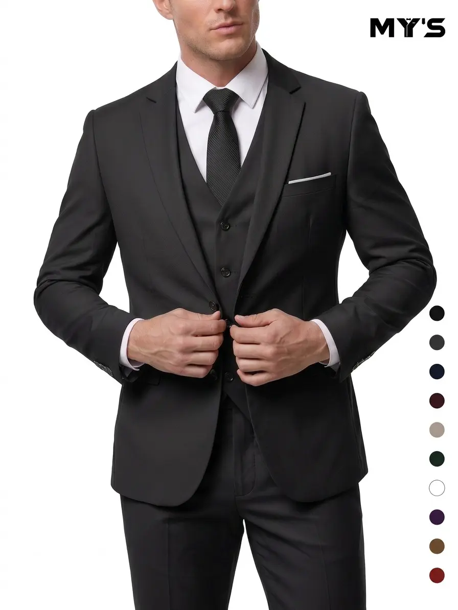 MY'S Men's 3-Piece Slim Fit Suit Set - 2-Button Blazer, Vest, Pants with Tie - Business Wedding Prom Formal Wear