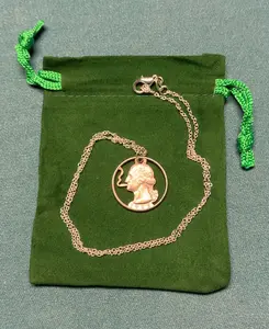 Smokin' George Real US Quarter Necklace & Keychain Set with Green Satin Pouch George Washington Design