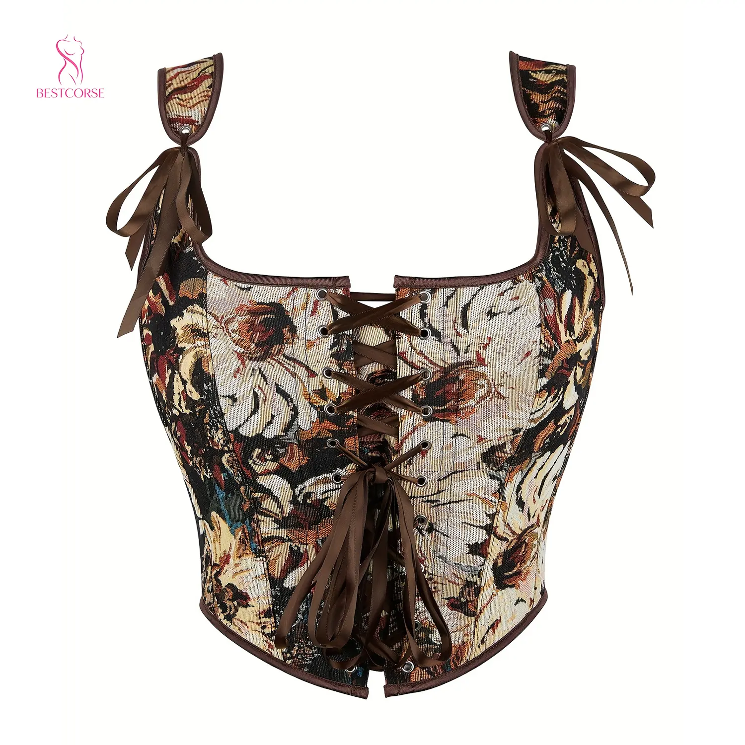 Cottagecore Bodice Vintage Victorian Floral Renaissance Overbust Brown Corset Top Front Tie Lace Up Retro Bustier Vest For Women Dress Festival Outfit