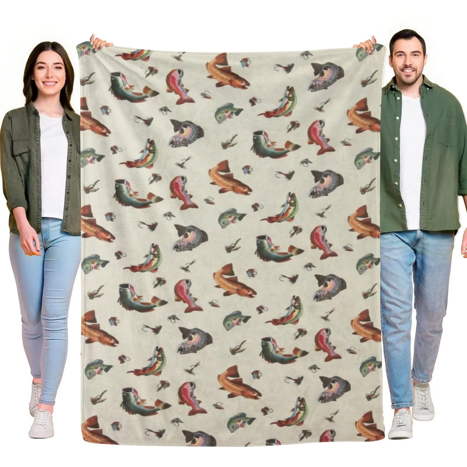 Flannel Blanket Vintage Trout Fish Fishing Lure Print Soft Cozy Warm Throw Blanket Lightweight Home Couch Bed Decor Ideal Gift For Fisherman Fishing Lovers Cabin Decor