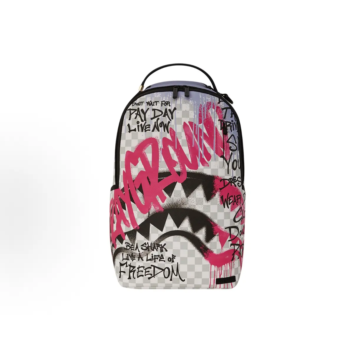 Sprayground Pink Graffiti Shark Mouth Backpack for Couples, His and Hers Matching Checkerboard Street Art Bookbag with Laptop Compartment, Waterproof PU Leather Fashion Daypack, Anniversary Gift Limited Edition Bag for Back to School Travel