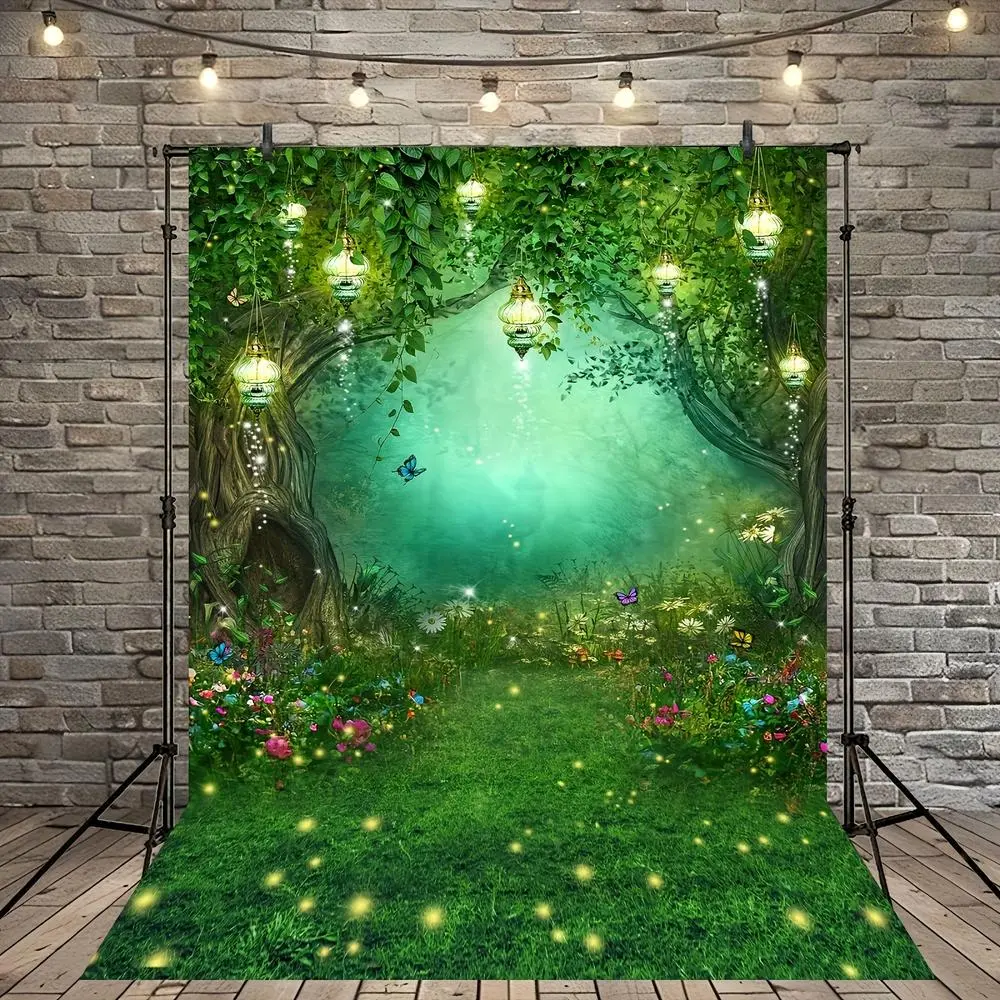 1pc Polyester 2D Flat Magical Fairy Tale Backdrop, Enchanted Rainforest Photography Banner with Glowing Lanterns, Floral Pathway & Flower Ornaments, Green Birthday Decor Photo Booth Textile