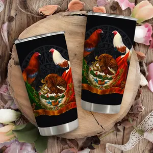 Mexican Rooster & Emblem Pattern 20oz Insulated Travel Mug - 304 Stainless Steel Leak-Proof Coffee Tumbler with Lid Gift for Him/Her