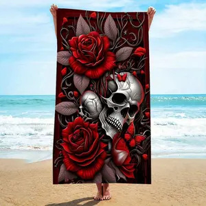 1PC Red Rose  Skull Pattern Beach Towel, Quick-Drying, Strong Wrapping Design, Suitable for Beach and Pool Use