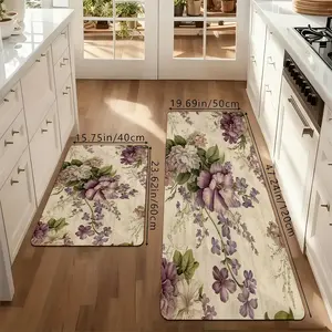 intage Purple Floral Kitchen Rug Set,  Chic Flower Non-Slip Washable Floor Mats, Cottagecore Botanical Runner Rugs for Kitchen, Living Room & Home Decor