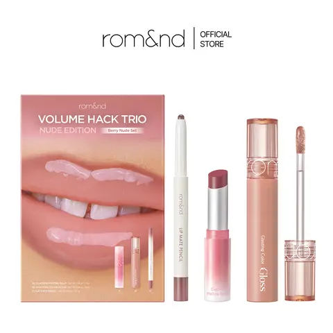 rom&nd Lip Volume Hack Trio Nude Edition 4g Cosmetic Gift Set - Toffee Nude Overlip Kit with Lip Liners, Melting Balm, 2-Shade Lipgloss for Reshaping, 3D Volume, Glossy Results & Care (Makeup Products)