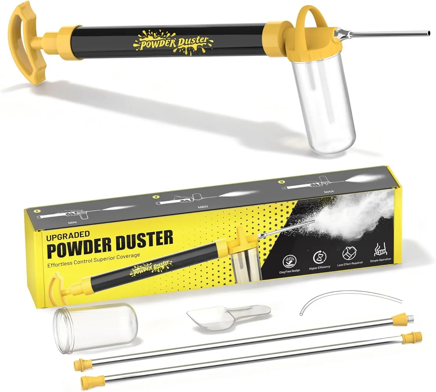 Diatomaceous Earth Powder Duster with Adjustable Length 4FT, Yellow | Anti-Clogging Design, Higher Efficiency, Simple Operation Powder Sprayer Multi-Purpose Application for Indoor Outdoor Garden