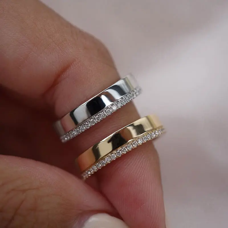 Effinny 925 Sterling Silver Golden Stackable Wedding Ring for Women,2 Row Design Unique Fashion Full Eternity Band, Female