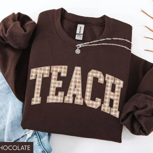 Gildan Teacher Fall Sweatshirt, Cute Autumn Teacher Sweater, Gingham Fall Teach Crewneck, Cozy Fall Classroom Pullover, Trendy Fall Teacher Outfit