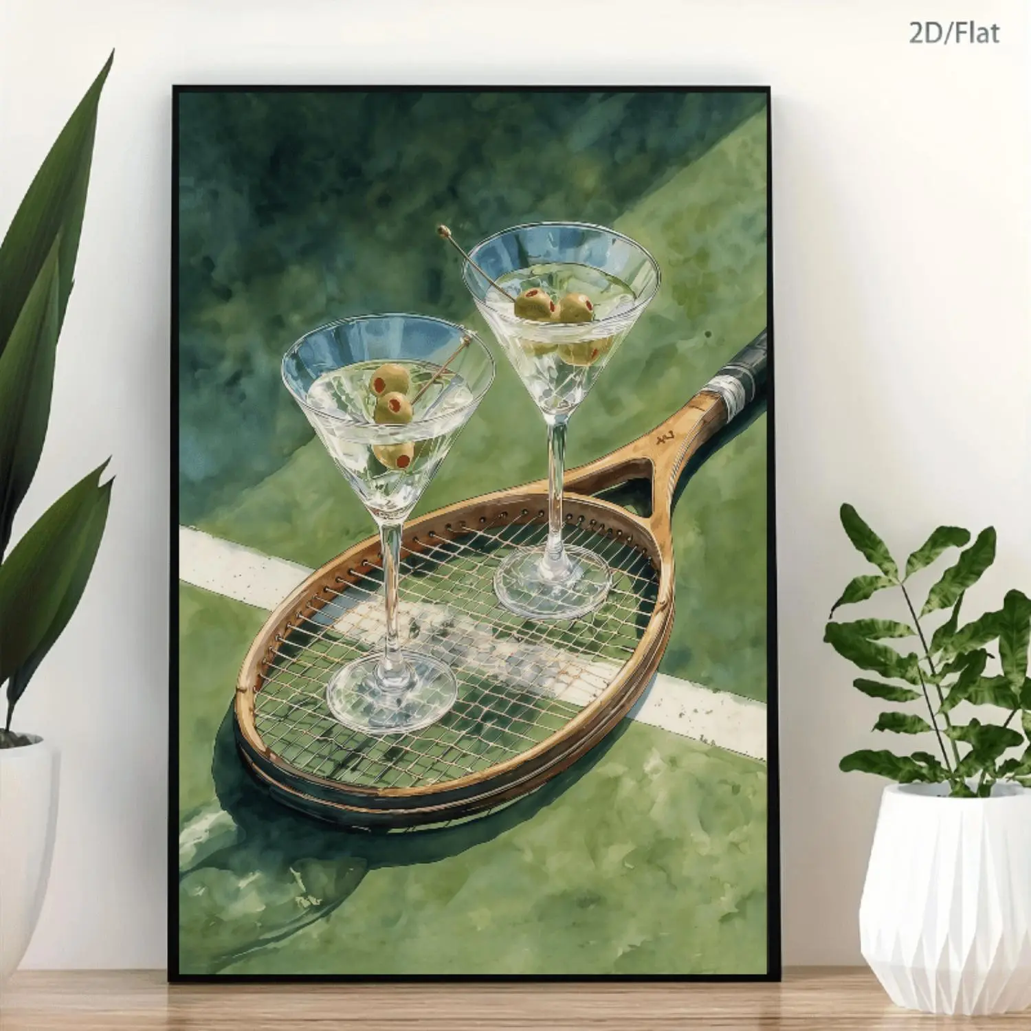 2D Flat, 2D Flat, Posters And Prints- 2D Flat Frameless Canvas Print Canvas Painting- Tennis Racket Martini Creative Collage Decorative Painting American Retro Living Room Hanging Painting Sports Enthusiast Bedroom Display Painting Fun Niche Entranc