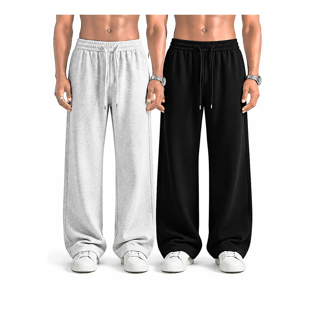2 Pack Men's Baggy Sweatpants, Wide Leg Loose Fit Pants with Drawstring Elastic Waist and Pockets, Casual Streetwear, Black & Light Gray