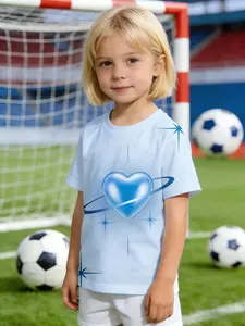 New girls' round neck short sleeve T-shirt, fun design for children's wear, comfortable and fashionable, perfect for everyday wear Heart Orbit Stars Design Pattern Short-sleeved round neck top, suitable for daily wear