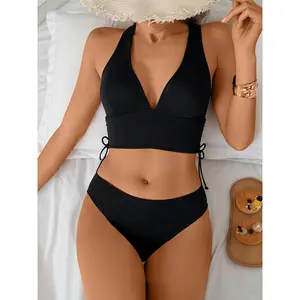 BlushHub Ribbed Halter Side Tie Two-Piece Bikini Set - Black High-Waisted Bathing Suit with Drawstring Detail