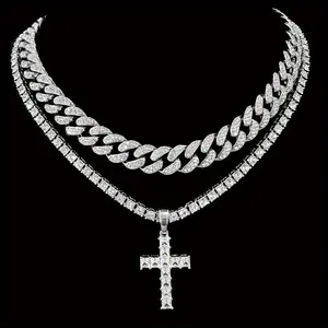 Hip Hop Bling Chain Set - 2PC with Cross Pendant & Iced-Out Cuban Chain, High-Quality Rhinestones, Bold Statement Jewelry for Daily Wear
