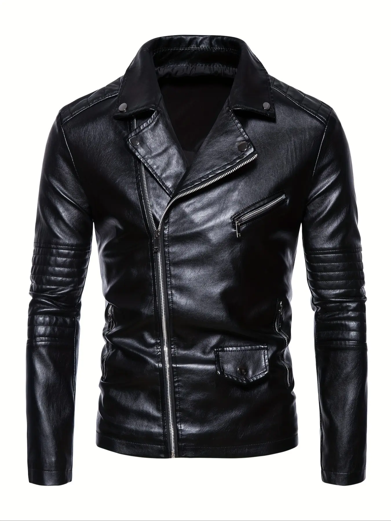 Men's Solid Color Casual Classic Fitted Leather Jacket, Plain Jacket, Fall Winter Windproof Lapel Coat, Daily Wear Outerwear, Single Piece