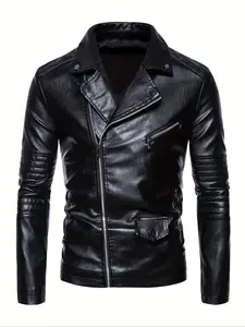 Men's Solid Color Casual Fitted Leather Jacket, Fall Winter Windproof Lapel Coat, Daily Wear Outerwear, Single Piece