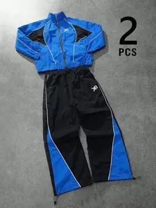 Men's 2-Piece Black & Blue Track Suit, Athleisure Wear Sets, Casual Sportswear, Zip-Up Windbreaker & Wide Leg Pants with Star Logo, Retro Sporty Streetwear Matching Outfit for Street Style & All-Day Wear