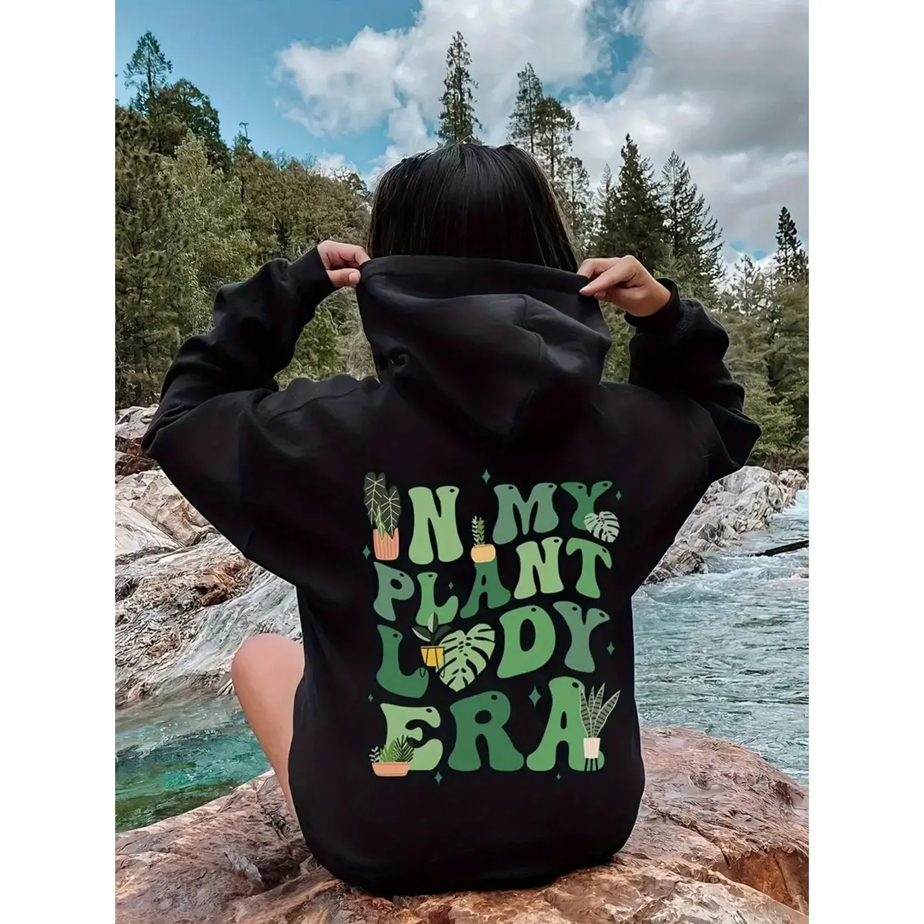 Women's Plant Lover Botanical Print Cotton Blend Black Long Sleeve Pullover Hoodie - Regular/Fitted Fit, Soft Breathable Fabric, Durable Print, Everyday Comfort, Machine Washable, Casual Wear, Nature-Inspired