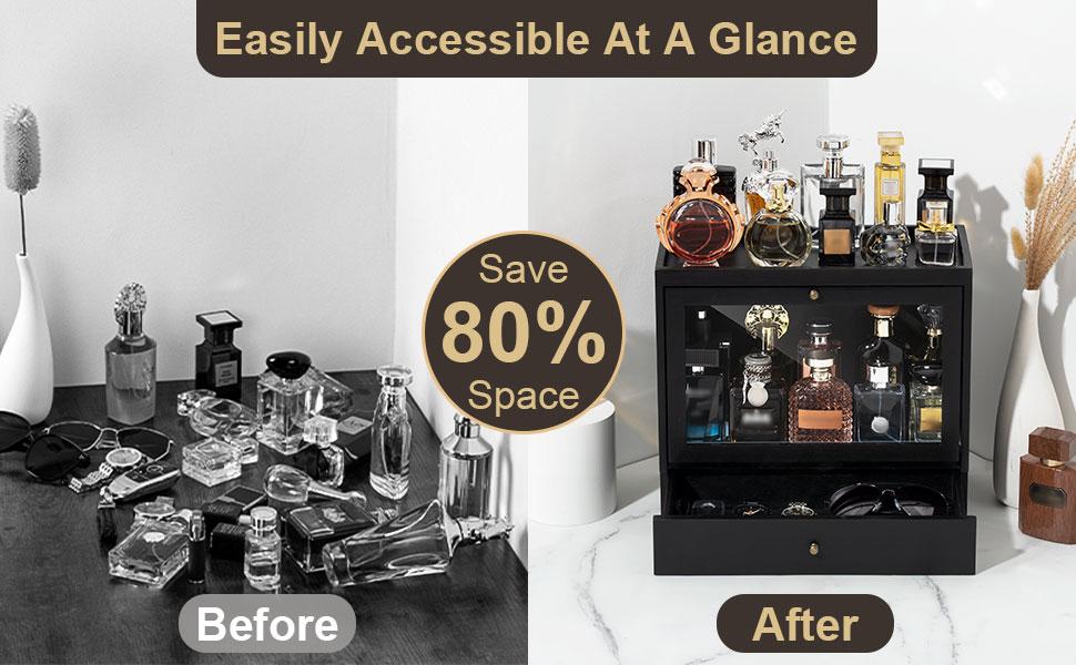 Emfogo Men's Wooden Cologne Organizer - 3-Tier Vanity Display Shelf with Dustproof Acrylic Panel, Drawer, Large Capacity for Dresser, Black - Ideal Gift for Boyfriend, Unique Mens Gift, Gifts For Boyfriend