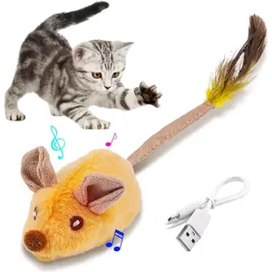 Interactive Cat Toys Mouse with LED Lights for Indoor Cats USB Rechargeable Cat Mouse Toys for Cats, Moving Automatic Chirping Squeaky with Feather Tail for All Breeds Cat