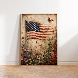 [Sale up to 50%] [Free Ship] Vintage American Flag Wildflowers Unframed Poster Wall Art Patriotic Print Rustic Fourth of July Decor Country Summer Home Red White Blue