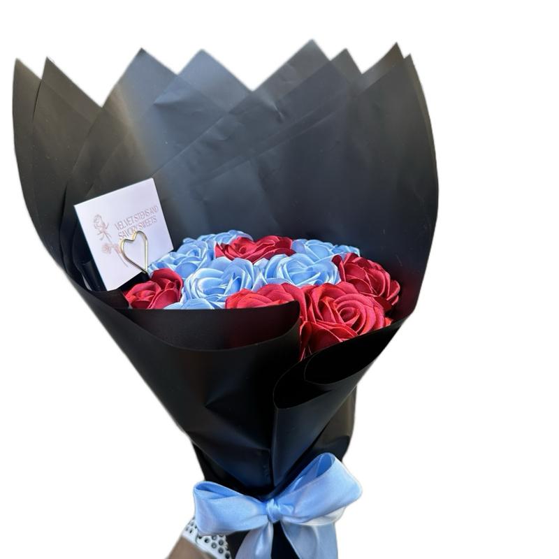 Two Toned Red and Sky Blue Eternal Roses - 12-Piece Flower Arrangement with Black Outer Packaging