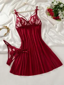 Womens Burgundy Two Piece Nightgown Set Sexy Embroidered Lace Sleepwear with Bow Detail Spaghetti Strap Soft Comfortable Loungewear