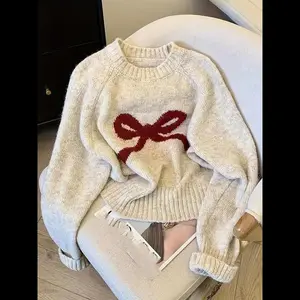 Elegant Bow Knit Sweater for Women, Sweet Autumn Winter Fashion, Thick Casual Pullover Top, Unique Design, Versatile Outerwear