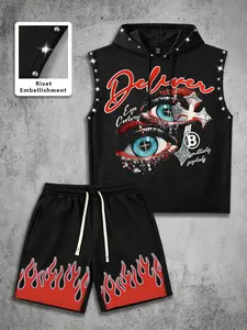 American High Street Rivet Sleeveless Hooded Set for Men, Eye Cross Print Flame Shorts Vest, Cool and Trendy Two-Piece