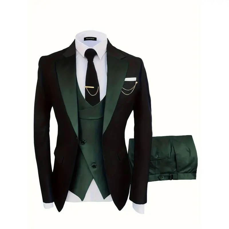 (New)NewFormal 3 Pieces Set, Men's One Button Suit Jacket & Vest & Pants Suit Set For Business Dinner Wedding Party