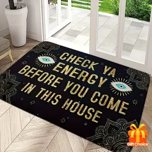 Funny Entryway Mat - "Check Ya Energy Before You Come In This House" Doormat with Non-Slip Backing, Black & Golden Decor - Quick-Dry Polyester Mat for Front Door, Living Room, Bedroom - Housewarming Gift, Bold Lettering, Durable Construction