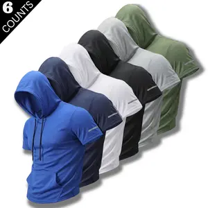 6-PACK Men's Quick Dry Short Sleeve Hoodie, Summer Breathable Running Fitness T-shirt, Casual Sports Top For Gym Workout,summervibes