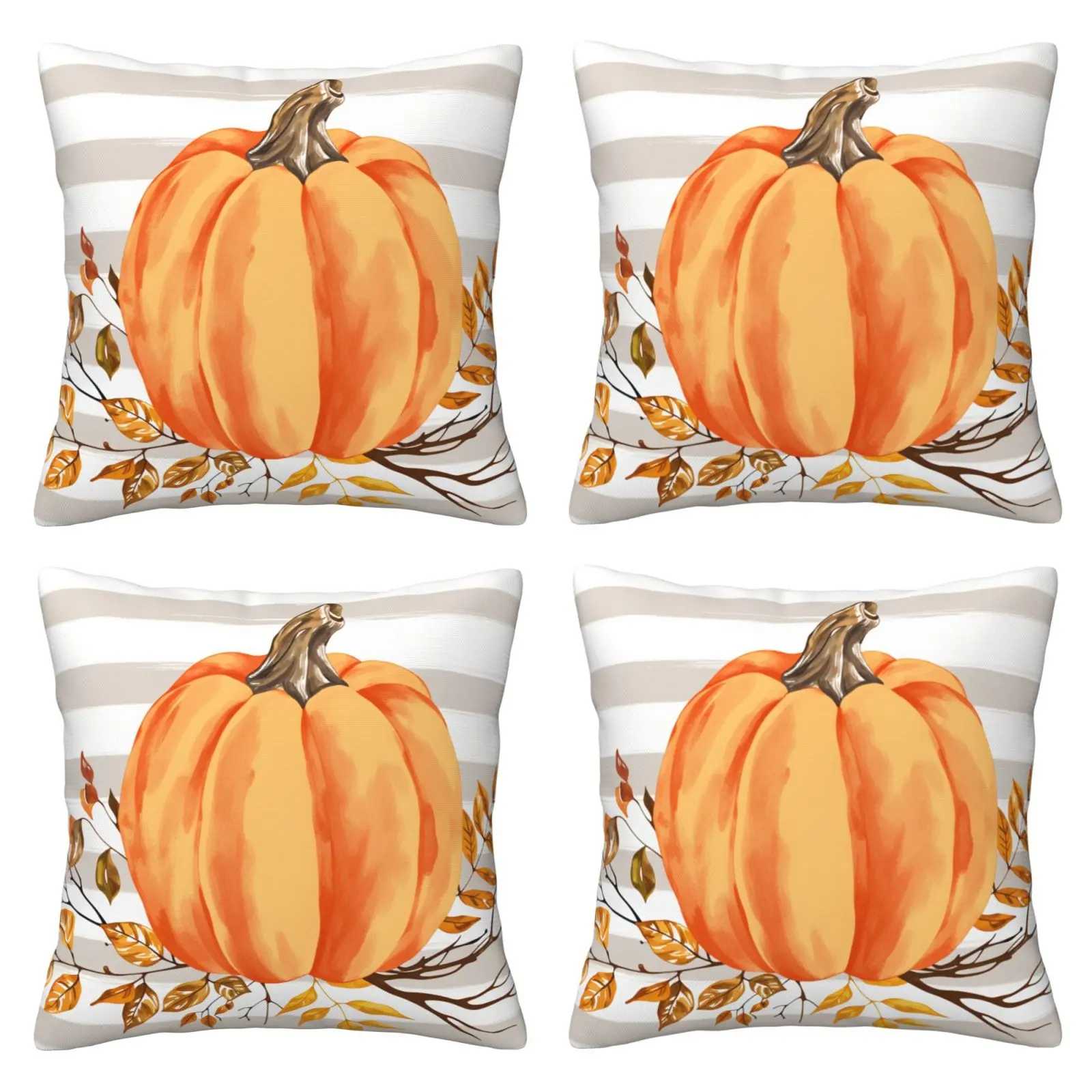 Autumn Pillow Set Watercolor Charcoal Orange Pumpkin Pattern Pillow Set, Grey Striped Autumn Leaf Decorative Farmhouse Harvest Decorative Cushion Set, Suitable for Home Sofa Beds, 4-piece Set with Double sided Printing